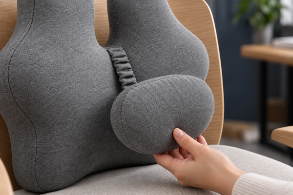 Close oblique view of a hand holding the grey cushion's oval lumbar pad