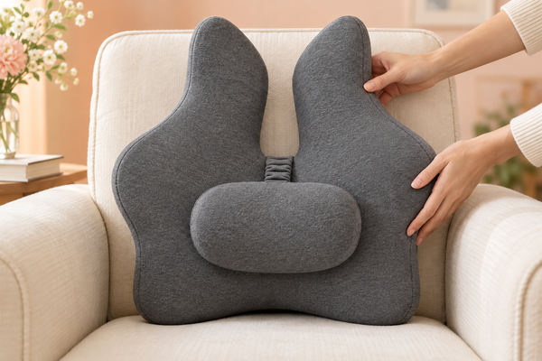 Close frontal view of hands positioning the grey cushion on an armchair