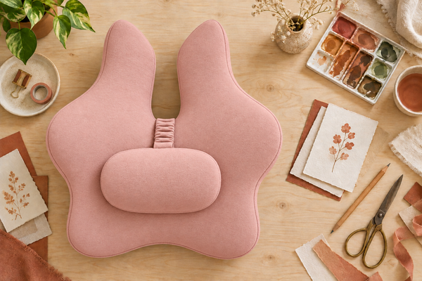 Overhead view of the blush pink back support cushion beside paper craft materials