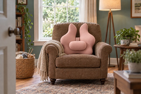 Wide doorway view of a blush pink back support cushion on a central armchair beside a yarn basket