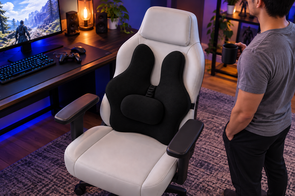 Front three-quarter view of a black back support cushion with gathered adjustable pad strap on a white gaming chair, with a gamer standing beside the desk