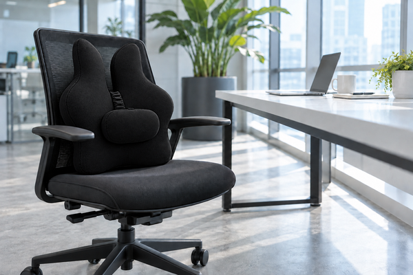 Low-angle view of a black back support cushion on an office chair to the left of a desk