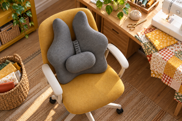 High-angle view of a grey back support cushion on a sewing chair beside patchwork fabrics