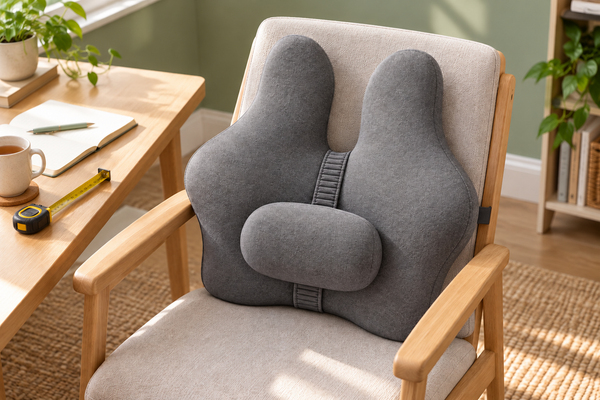 Light grey back cushion with a separate pad on a full adjustment band beside a measuring tape