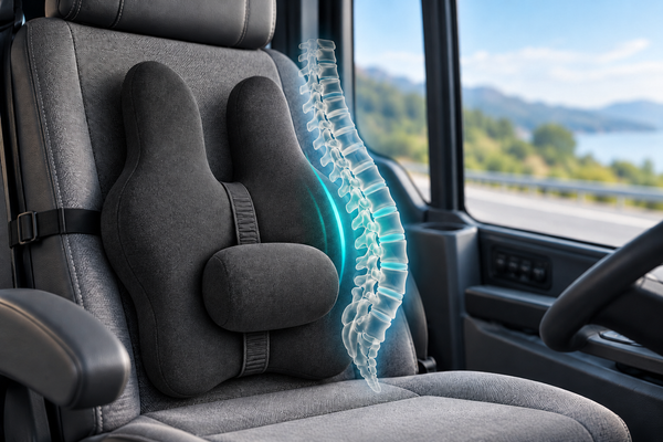 Cushion with a separate centre pad on a continuous adjustment band in a bus setting; conceptual spine illustration