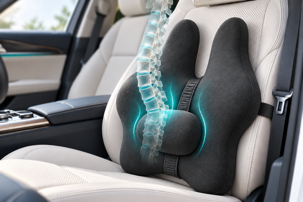 Cushion with a separate centre pad on a continuous adjustment band in a car setting; conceptual spine illustration