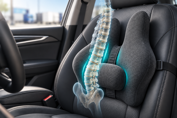 Cushion with a separate centre pad on a continuous adjustment band in a commercial setting; conceptual spine illustration