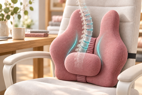 Cushion with a separate centre pad on a continuous adjustment band in a craft setting; conceptual spine illustration