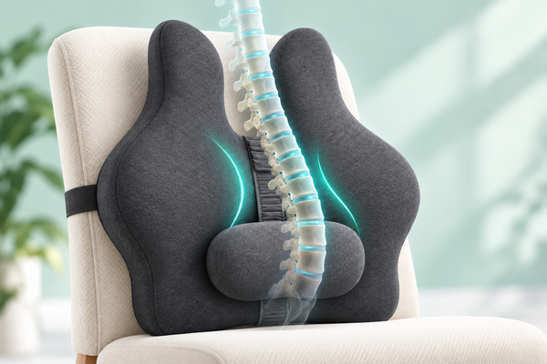 Cushion with a separate centre pad on a continuous adjustment band in a home setting; conceptual spine illustration