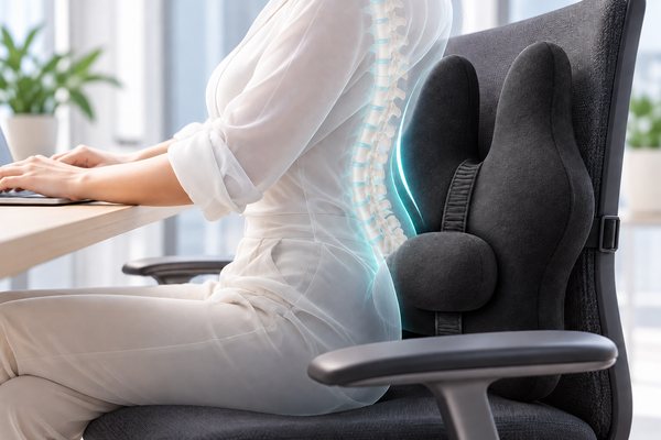 Cushion with a separate centre pad on a continuous adjustment band in an office setting; conceptual spine illustration