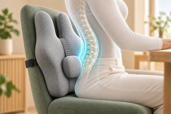 Cushion with a separate centre pad on a continuous adjustment band in a home reading setting; conceptual spine illustration