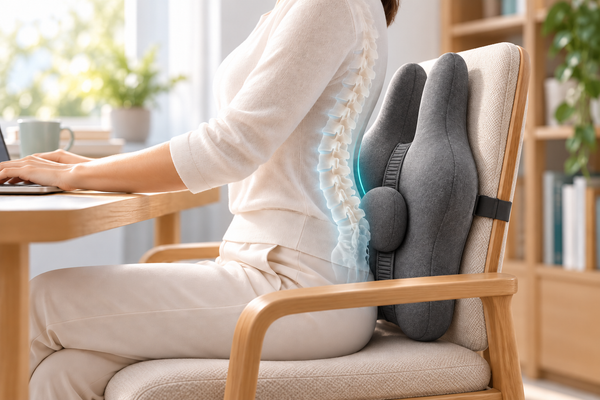 Cushion with a separate centre pad on a continuous adjustment band in a study setting; conceptual spine illustration