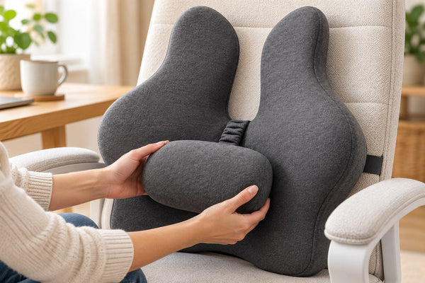 Hands moving the separate oval pad, with its vertical adjustment strap visible.