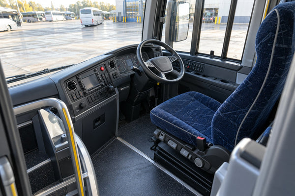 Original driver seat and controls inside a parked coach.