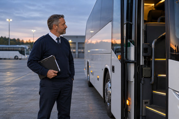 A coach driver standing beside the entry door at a quiet depot.