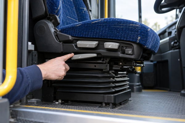 Close view of an original coach-seat adjustment handle.