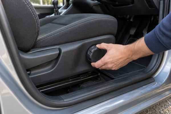 Close view of a hand checking an original car-seat adjustment control.