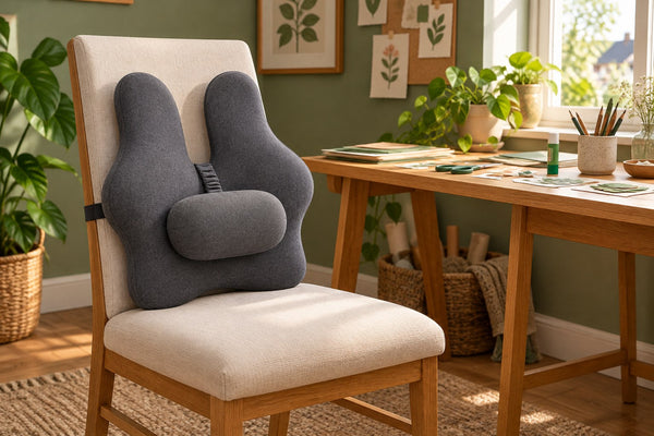 Dark grey cushion on a padded chair beside a paper-craft table.