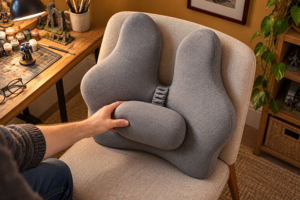 A hand adjusting the separate pad of a light grey cushion at a miniature-painting desk.