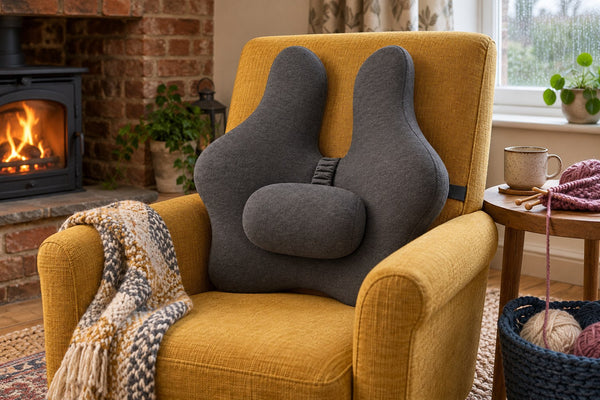 Dark grey cushion on an upright armchair beside a knitting basket.