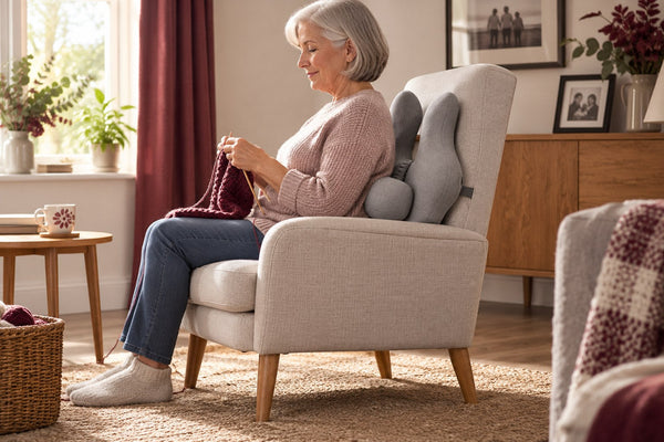 Side view of a person knitting with a light grey cushion against the chair backrest.