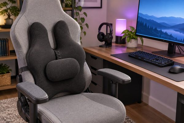 Black cushion with a visible pad strap on an empty gaming chair beside a monitor.
