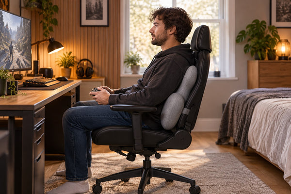 Side view of a seated gamer with a light grey cushion against the chair backrest.