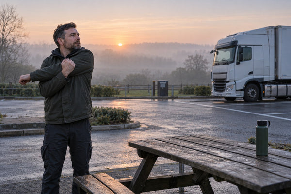 A truck driver taking a standing break beside a parked lorry.