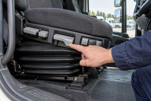 Close view of the original suspension-seat adjustment controls in a parked lorry.