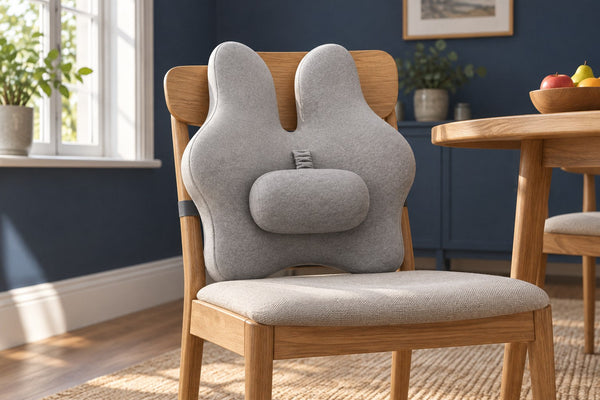 Light grey cushion with a separate pad on an oak dining chair.