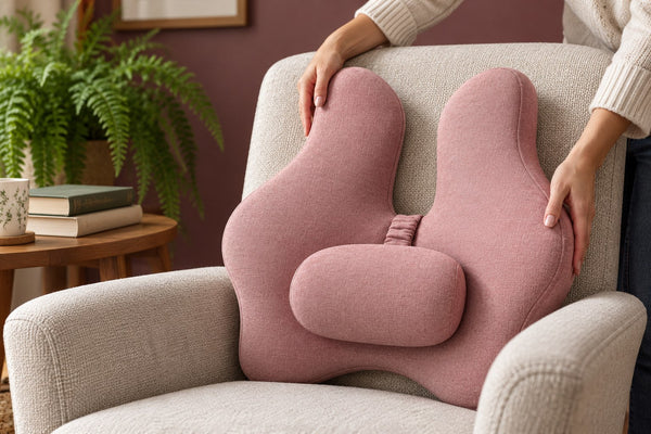 A hand placing a pink cushion against an upright reading chair.