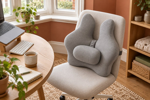 Light grey cushion on an upholstered chair in a compact bay-window workspace.