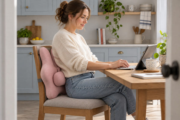 Side view of a person working at a kitchen table with a pink back cushion.
