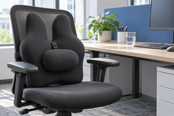 Black back cushion with a separate adjustable pad on an office chair beside a desk.