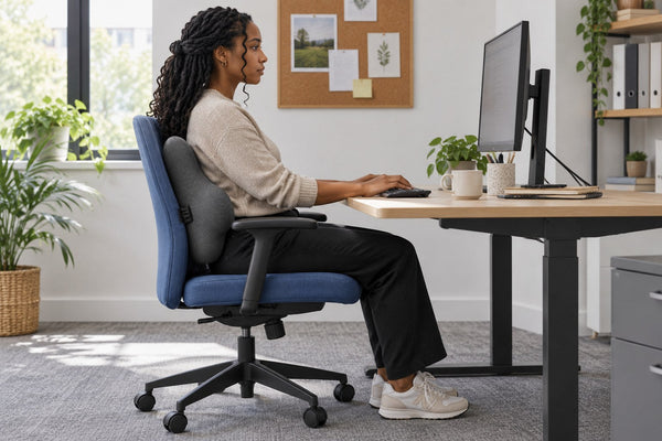Side view of a seated office worker with a dark grey cushion against the chair backrest.