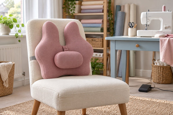 Pink back cushion on an upholstered chair beside a sewing machine.