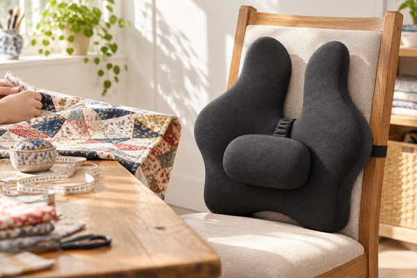 Black cushion fitted against the inner backrest of a chair beside a sewing table.