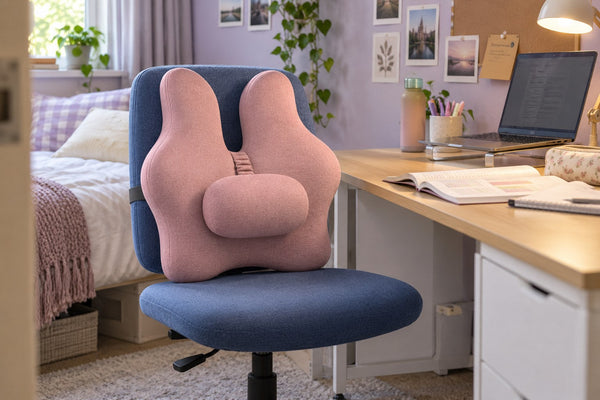 Pink cushion on a student desk chair beside textbooks and a laptop.