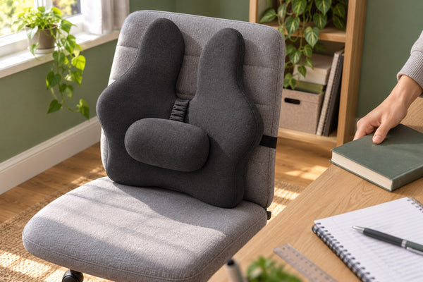 Black cushion on an empty study chair beside a notebook and textbook.