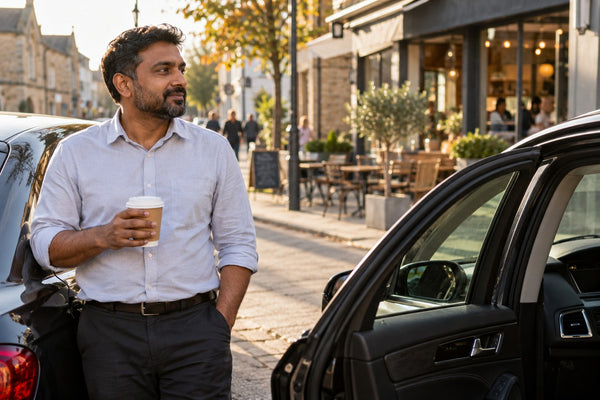 A private hire driver taking a tea break beside a parked car.