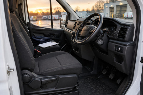Original driver seat and controls in a parked delivery van.