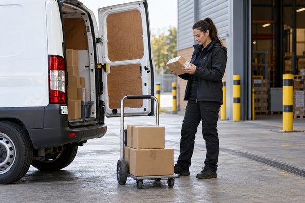A delivery worker checking a parcel beside a parked van and handcart.