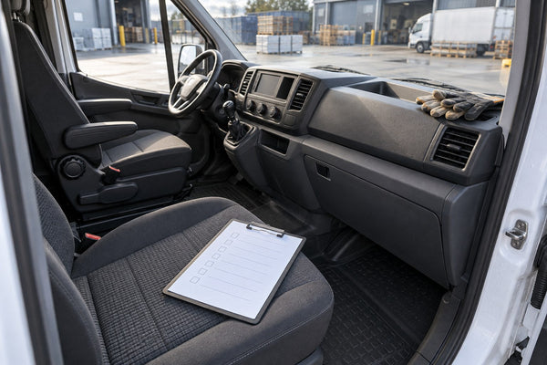 Clipboard on a parked van's passenger seat with the original driver seat in view.